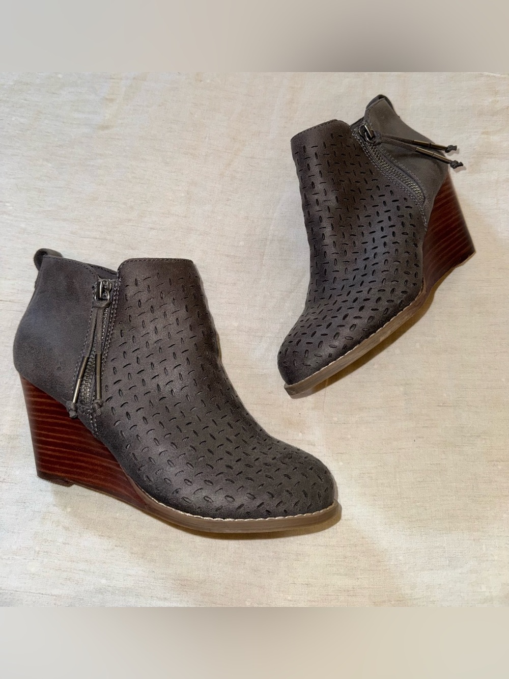 report gray Wedge Ankle Booties with Perforated Upper